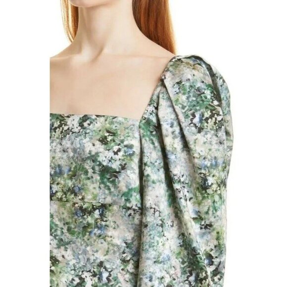 Vince Size 10 Floral Satin Blouse Green Square Neck Puff Sleeve Cottagecore New - Picture 4 of 10